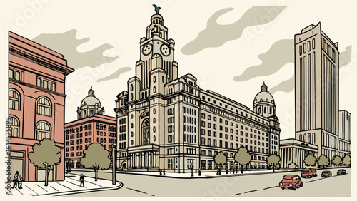 Liverpool city architecture drawing of the royal liver building and buildings cityscape landmark sketch art