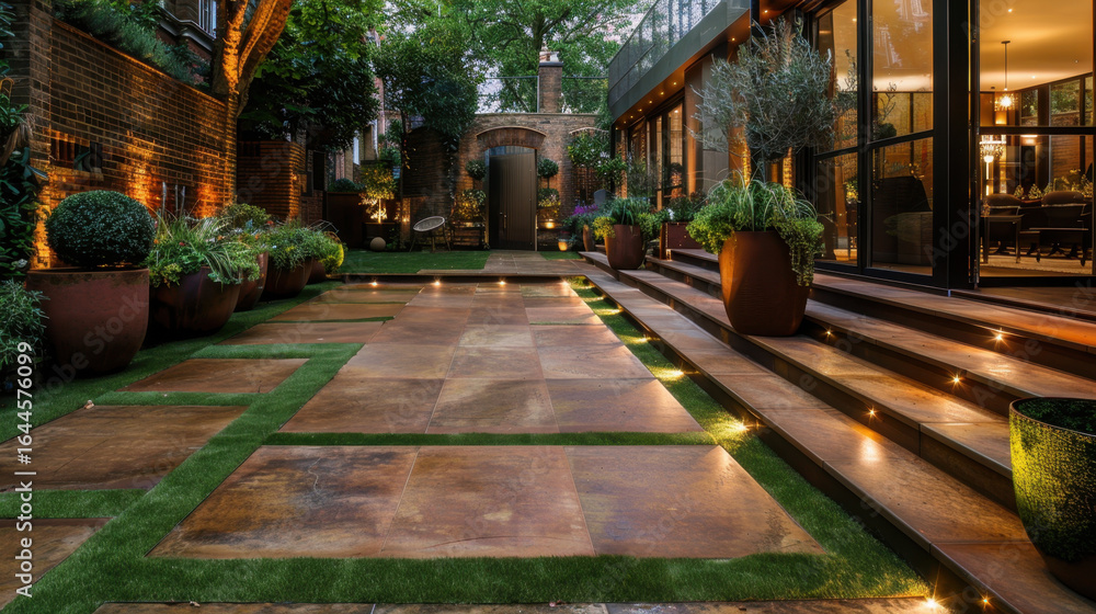 Fototapeta premium Beautifully designed outdoor garden featuring stone pathways, lush greenery, and modern lighting. serene atmosphere invites relaxation and enjoyment of nature beauty