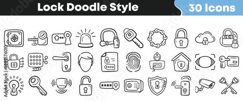 Lock doodle style icon set with 30 hand-drawn security, privacy, and access control symbols for creative and casual design projects