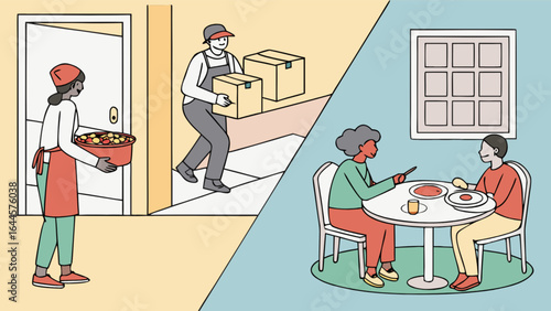Food delivery service and home dining illustration showcasing convenience and shared meals at home concept
