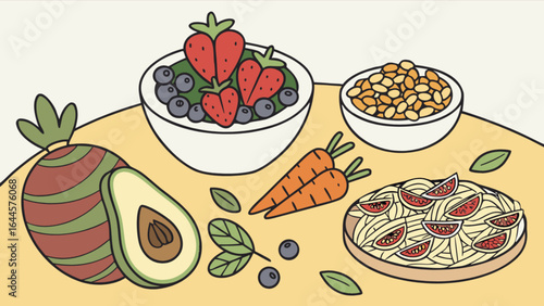 Healthy eating food illustration with fruits vegetables grains for wellness and nutrition diet plan
