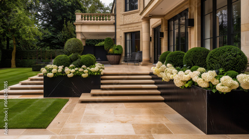 Fototapeta Naklejka Na Ścianę i Meble -  Luxurious garden design featuring elegant stone steps, manicured lawns, and lush greenery. Beautiful white hydrangeas and perfectly shaped topiaries enhance sophisticated outdoor space