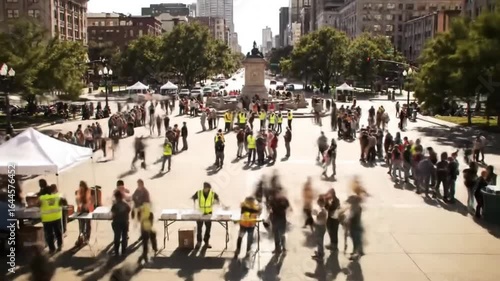 Wallpaper Mural Bustling Urban Community Event in a Large City Square, Featuring Numerous Volunteers and Participants Engaged in a Public Gathering Torontodigital.ca