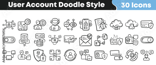 User account doodle style icon set with 30 hand-drawn profile, login, and security symbols for creative digital identity projects