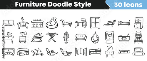 Set of 30 hand-drawn furniture doodle icons including sofas, beds, chairs, tables, cabinets, and home accessories for creative design projects