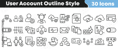 User account outline icon set with security, cloud, payment, privacy, and authentication symbols for technology interface