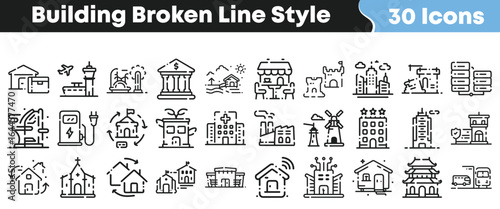 Set of 30 building broken line style icons for architecture, real estate, tourism, commercial, residential, and public infrastructure concepts