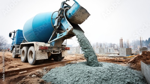 Wallpaper Mural Cement Truck Pouring Fresh Concrete at Construction Site with Industrial Background and Equipment Torontodigital.ca