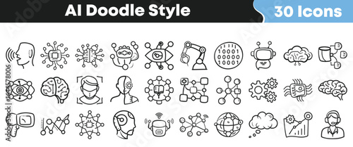 Set of 30 AI doodle style icons with neural networks, robotics, cloud computing, machine learning, and artificial intelligence concepts