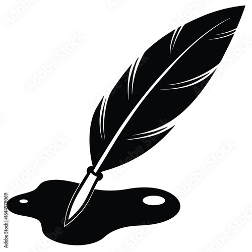 Black quill pen dipping into ink inkwell writing