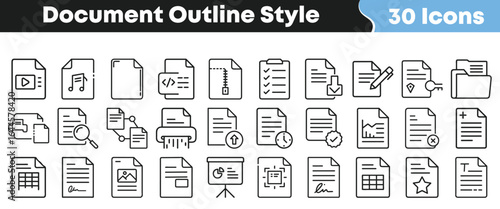 Document outline style icon set with 30 file and folder symbols for media, data, and office applications in editable vector format