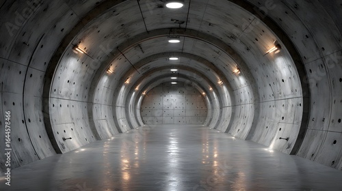 Long futuristic tunnel with arched ceilings and glowing lights