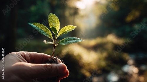 Hand holding a young sprout with sunlight filtering through leaves against an earthy background symbolizes growth, sustainability, and environmental awareness.