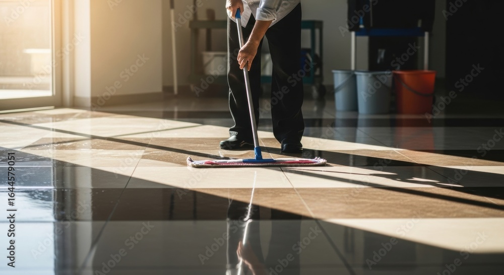 Fototapeta premium Sunlit Chore: Janitor Mopping a Reflective Tiled Floor with Dramatic Light and Shadow.