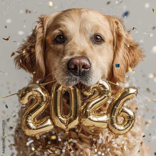 Golden Retriever Holding 2026 Balloons with Gold Confetti on Gray Background Celebrating New Year