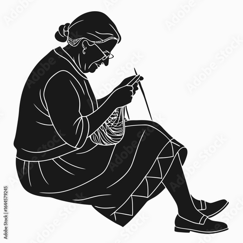 Elderly woman knitting with yarn and needles craft