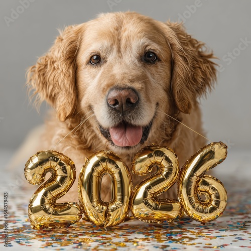 Golden Retriever Holding 2026 Balloons with Gold Confetti on Gray Background Celebrating New Year