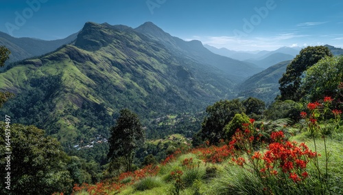 Mountain Valley Vista Red Flowers, Lush Greenery, Rural Village, Travel Poster