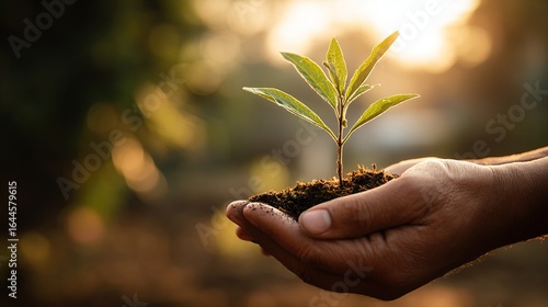 Hand holding a young sprout with sunlight filtering through leaves against an earthy background symbolizes growth, sustainability, and environmental awareness.