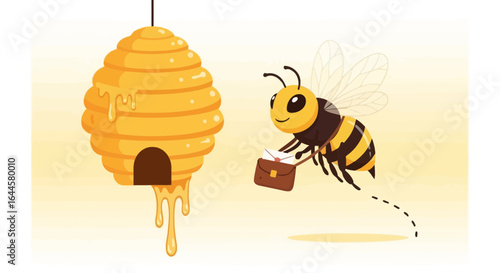 Busy bee delivering mail near a honeycombed beehive cartoon illustration art a cheerful worker bee is flying by with a briefcase
