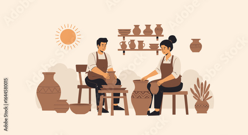 Artistic Pottery Creation: Man and Woman Shaping Clay in a Cozy Studio Environment