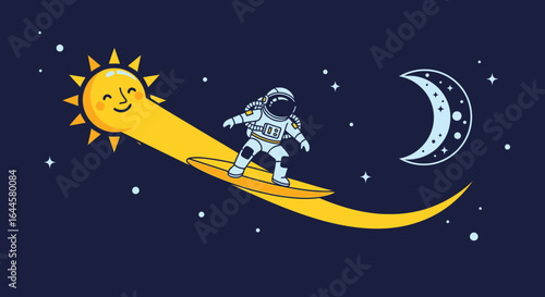 Astronaut Surfing on Sun Ray Between Stars and Moon in Space Landscape