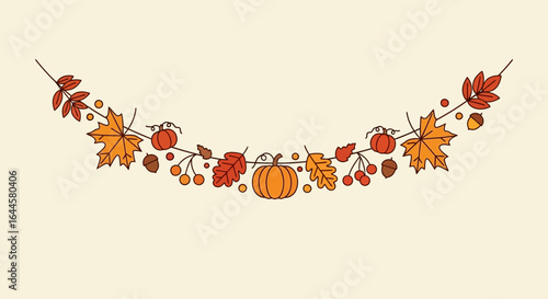Autumn garland illustration featuring pumpkins, leaves, berries and acorns in a simple design great for fall themes