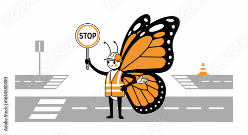 Butterfly Road Worker Directing Traffic with Stop Sign Construction Safety Concept