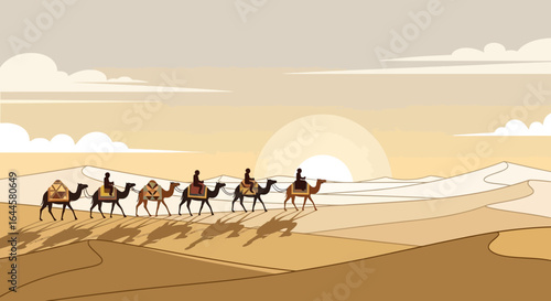 Camel Caravan Across Desert At Sunrise Or Sunset Vector Illustration
