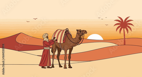 Camel caravan in desert landscape at sunrise, traditional scene with palm tree and sand dunes, wanderlust journey