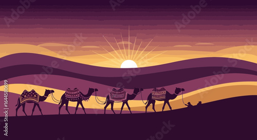 Camels Crossing the Desert Dunes at Sunset in a Vector Landscape