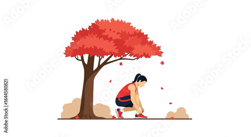 Autumn Run: Woman Prepares for a Jog Beneath a Vibrant Red-Leaved Tree Illustration