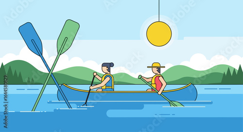 Canoeing Adventure Together On The Lake, Enjoying Outdoor Activities And Relaxation Under The Sun