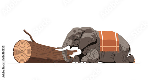 Captivating Cartoon Depiction of an Elephant with a Blanket Resting Against a Log
