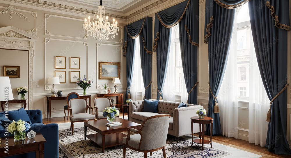Fototapeta premium Elegant classic living room interior with ornate moldings a crystal chandelier and luxurious blue and beige furniture.