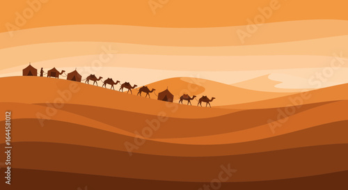 Caravan of camels in the vast desert landscape with tents in warm tones illustration