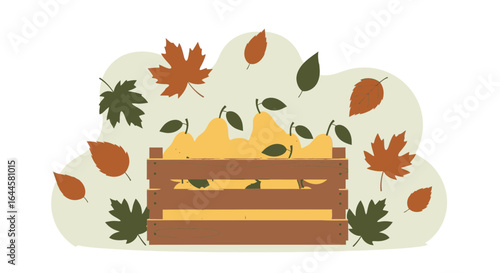 Autumnal abundance a wooden crate filled with pears surrounded by falling leaves