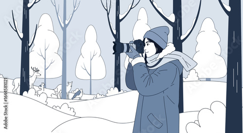 Capturing Winter Wilderness Woman Photographer Documenting Deer In Snowy Scene