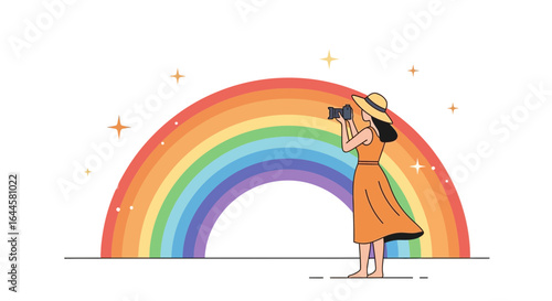 Capturing the vibrancy: A woman photographs a rainbow filled with optimism and happiness