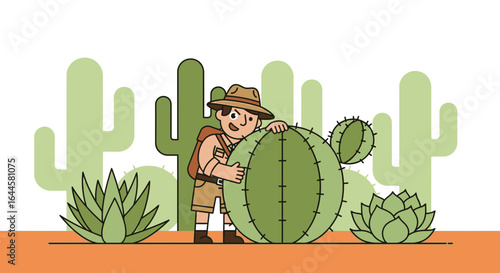 Cartoon adventurer in desert illustration with cacti, perfect for children's books or educational material