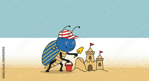 Cartoon beetle building a sandcastle on a beach, representing summer vacation fun and seaside activities for kids