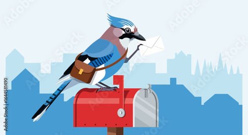Cartoon Blue Jay Mailman Delivering Letter in Cityscape Background vector art