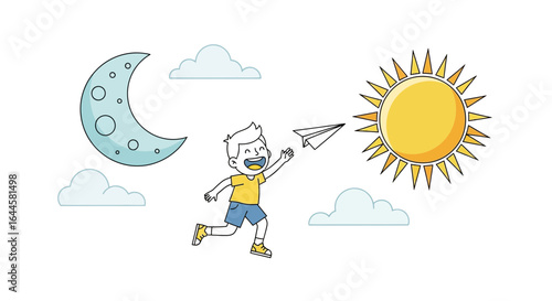 Cartoon Boy Launching Paper Airplane Between Sun and Moon Illustrating Dreams