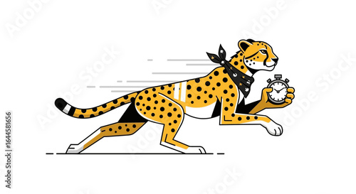 Cartoon cheetah running fast holding a stopwatch emphasizing speed and efficiency