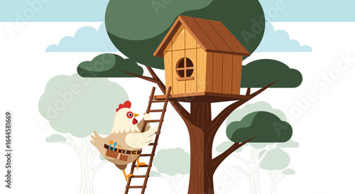 Cartoon chicken climbing ladder to treehouse illustration ideal for children's books or educational material offering lighthearted charm and creativity
