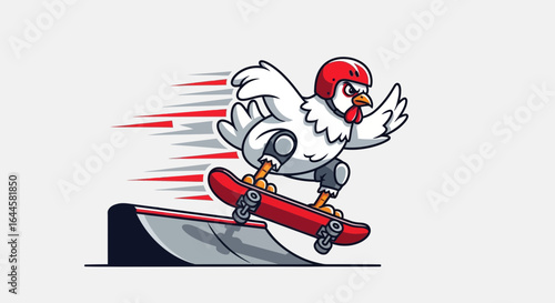Cartoon chicken wearing protective gear skateboarding in a dynamic illustration