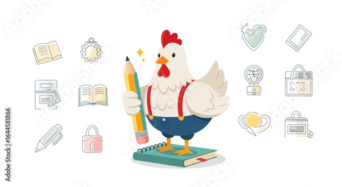 Cartoon chicken with pencil standing on notebook surrounded by education icons