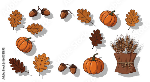 Autumnal harvest featuring pumpkins acorns wheat and fall leaves arranged aesthetically