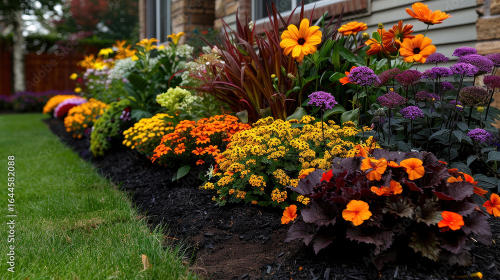 Fototapeta premium Vibrant flower garden featuring variety of colorful blooms including orange, yellow, and purple flowers, arranged neatly along well maintained lawn, creating cheerful and inviting atmosphere