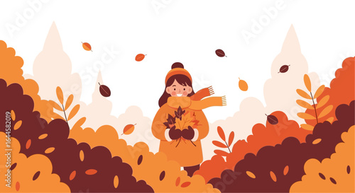 Autumnal Joy Girl Surrounded By Vibrant Foliage And Falling Leaves Vector